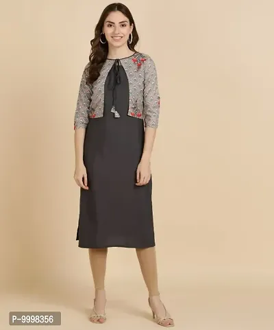 Stylish Fancy Crepe Solid Straight Kurti With Printed Jacket For Women