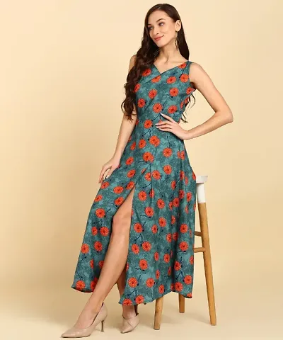 Floral Sleeveless V-Neck Side Slit Maxi Dresses