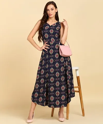 New Ethnic 4 You Women Crepe Stitched Dress (Navy blue)