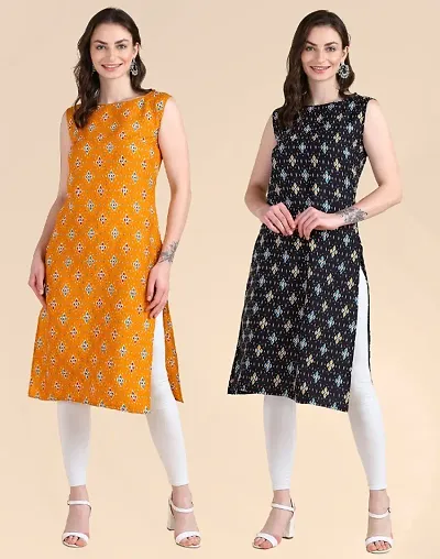 Womens Sleeveless Crepe Printed Kurta Pack Of 2