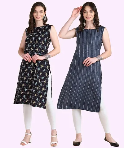 Womens Sleeveless Crepe Printed Kurta Pack Of 2