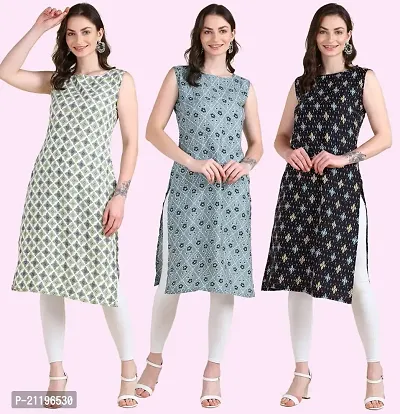 Womens Printed Crepe Sleeveless Kurti Combo Pack Of 3-thumb0