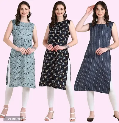 Womens Printed Crepe Sleeveless Kurti Combo Pack Of 3-thumb0