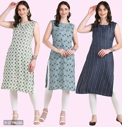 Womens Printed Crepe Sleeveless Kurti Combo Pack Of 3-thumb0