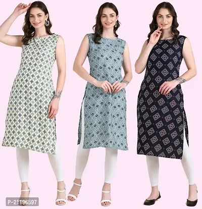 Womens Printed Crepe Sleeveless Kurti Combo Pack Of 3-thumb0