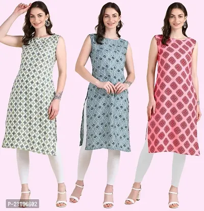 Womens Printed Crepe Sleeveless Kurti Combo Pack Of 3-thumb0