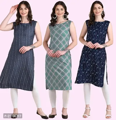 Womens Printed Crepe Sleeveless Kurti Combo Pack Of 3-thumb0