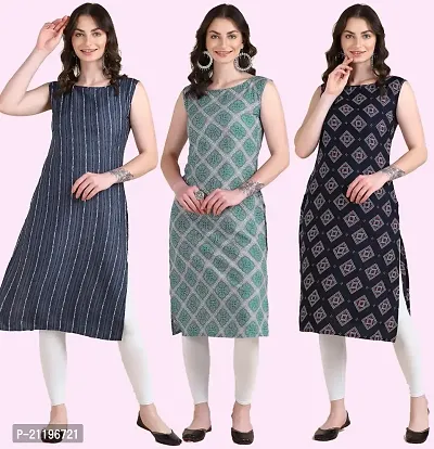 Womens Printed Crepe Sleeveless Kurti Combo Pack Of 3-thumb0