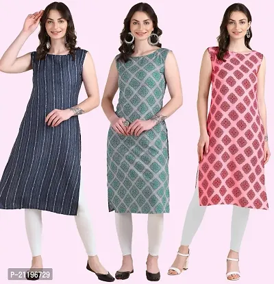 Womens Printed Crepe Sleeveless Kurti Combo Pack Of 3-thumb0