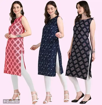 Womens Printed Crepe Sleeveless Kurti Combo Pack Of 3-thumb2