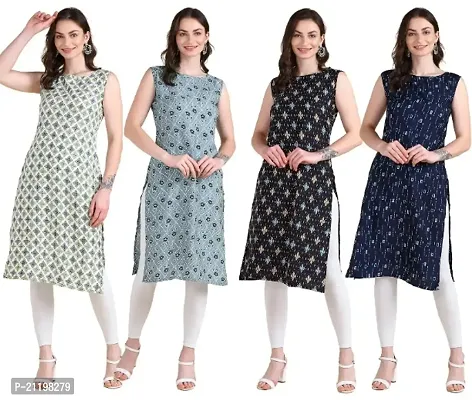 Womens Printed Crepe Sleeveless Kurti Combo Pack Of 4-thumb0