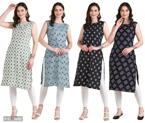 Womens Printed Crepe Sleeveless Kurti Combo Pack Of 4-thumb0