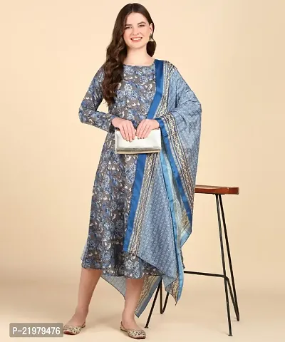 Womens Printed Cotton Round Kurti Wth Dupatta-thumb0