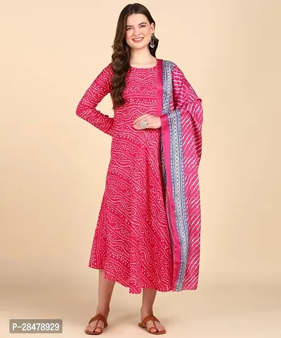 Stylish Cotton Blend Printed Kurta With Dupatta Set For Women