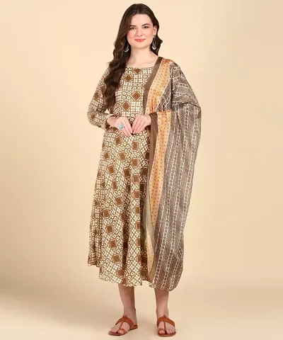 Stylish Cotton Printed Anarkali Kurti With Dupatta