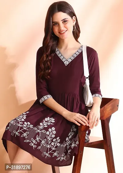 Stylish Viscose Rayon Maroon Embroidered Dress For Women-thumb5