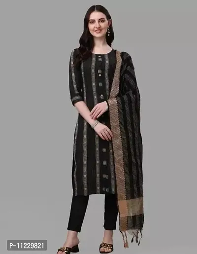 Elite Black Self Design Cotton Kurta with Pant with Dupatta Set For Women