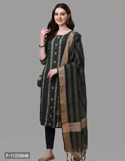 Elite Green Self Design Cotton Kurta with Pant with Dupatta Set For Women