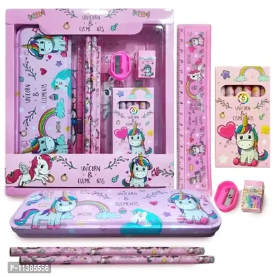 Metal Unicorn Printed Stationary Set kit with Pencil Box, Two Pencils, Eraser, Scale, Sharpener and Crayon for Kids Boys Girls Return Gifts for Girls and Boys