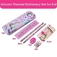 Metal Unicorn Printed Stationary Set kit with Pencil Box, Two Pencils, Eraser, Scale, Sharpener and Crayon for Kids Boys Girls Return Gifts for Girls and Boys-thumb1