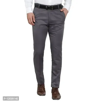 Grey Cotton Blend Mid Rise Formal Trousers For Men