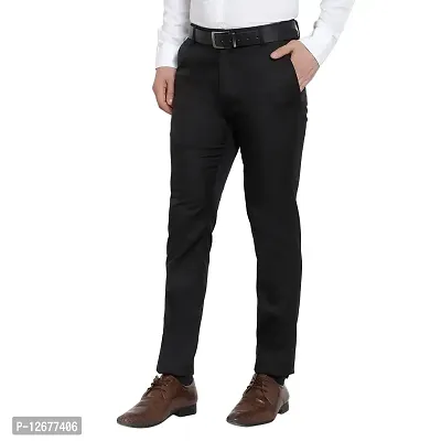 Black Cotton Blend Mid Rise Formal Trousers For Men-thumb3