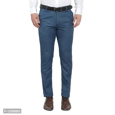 Blue Cotton Blend Mid Rise Formal Trousers For Men-thumb0