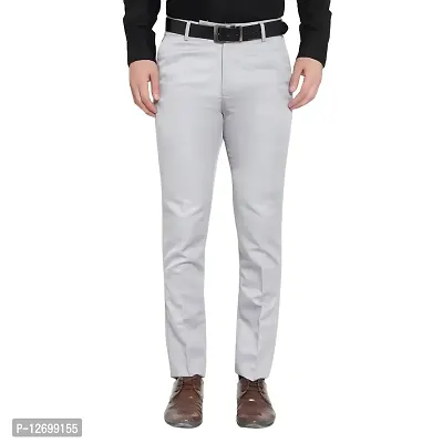 Silver Cotton Blend Mid Rise Formal Trousers For Men