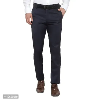 Navy Blue Cotton Blend Mid Rise Formal Trousers For Men-thumb3