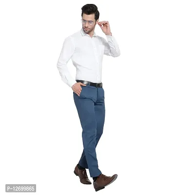 Blue Cotton Blend Mid Rise Formal Trousers For Men-thumb5