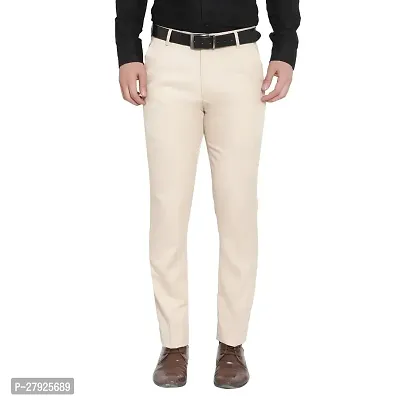 Classic Cream Cotton Blend Mid Rise Formal Trousers For Men