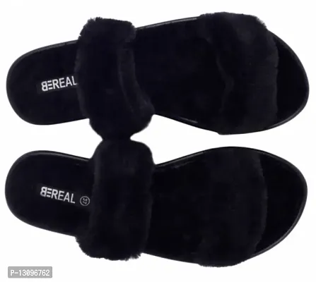 Stylish Fur Black Solid Flip Flops For Women