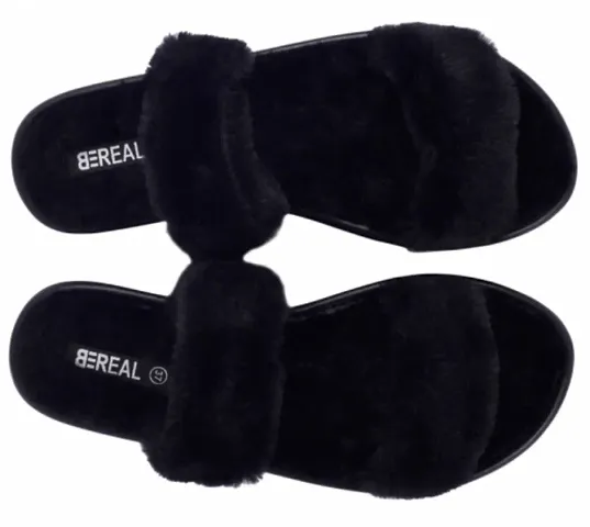 Stylish Fur Solid Flip Flops For Women