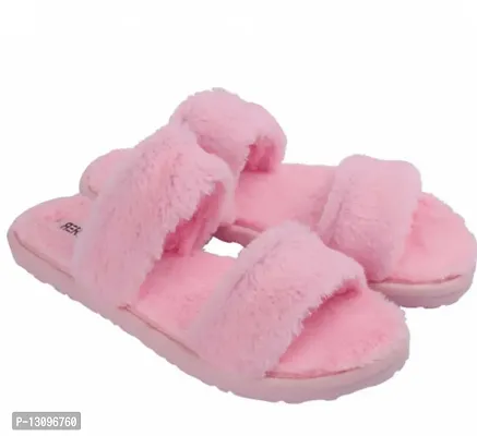 Stylish Fur Pink Solid Flip Flops For Women