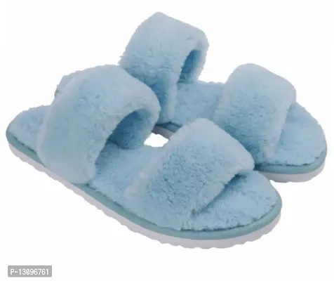 Stylish Fur Sky Blue Solid Flip Flops For Women