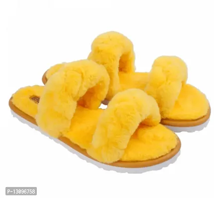 Stylish Fur Yellow Solid Flip Flops For Women