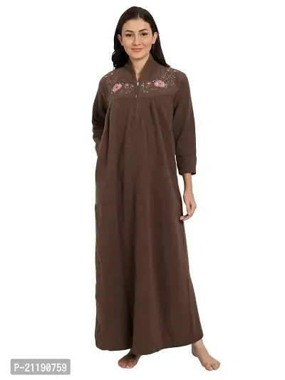 PALIVAL Women's Fleece Solid Maxi Nighty (Brown, Wool)