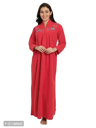 PALIVAL Women's Fleece Solid Maxi Nighty (Red, Wool)-thumb0