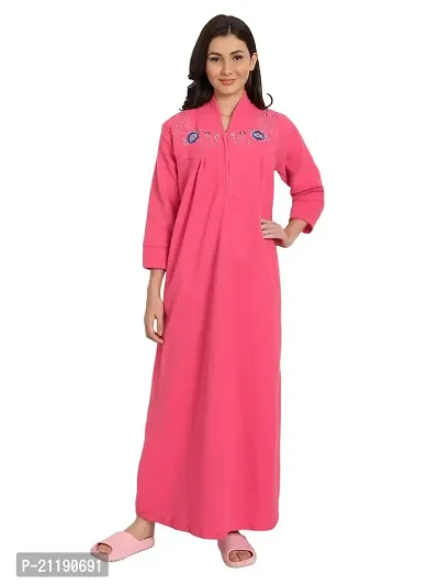 PALIVAL Women's Fleece Solid Maxi Nighty (Pink, Wool)