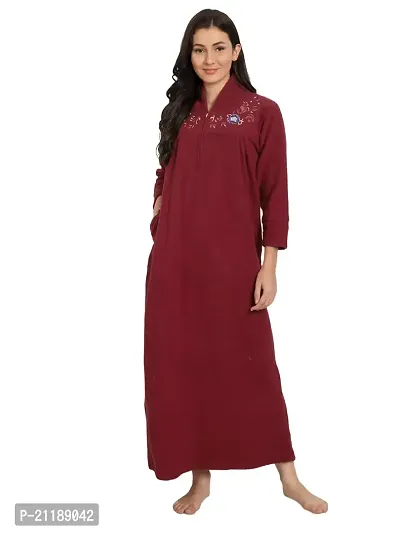 PALIVAL Women's Fleece Solid Maxi Nighty (Maroon, Wool)