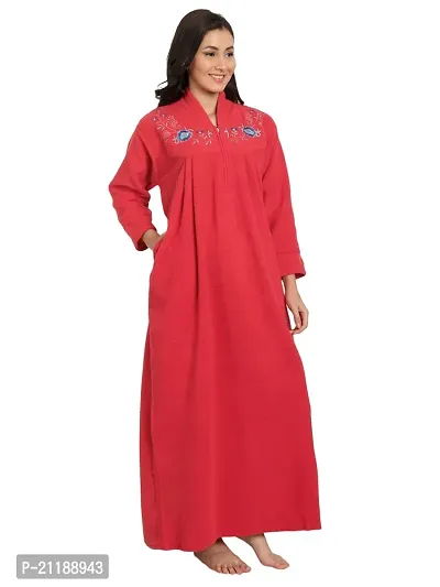 PALIVAL Women's Fleece Solid Maxi Nighty (Red, Wool)-thumb3