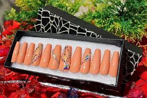 BERRYCRAVE Artificial Designer False Nail Extensions Press On set of 12 CORAL ORANGE BALLERINA Luxury Rhinestones stud with Adhesive Stickers and Nail File for Women and Girls-thumb1