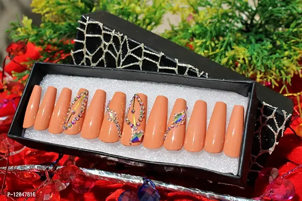 BERRYCRAVE Artificial Designer False Nail Extensions Press On set of 12 CORAL ORANGE BALLERINA Luxury Rhinestones stud with Adhesive Stickers and Nail File for Women and Girls-thumb2