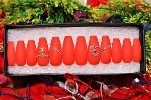 BERRYCRAVE Press On ?Orange-A Colour? Artificial COFFIN NAILS False Nail Extensions Luxury Rhinestones with adhesive stickers and Nail File (Pack of 12 Nails) - By Designer Antara-thumb1