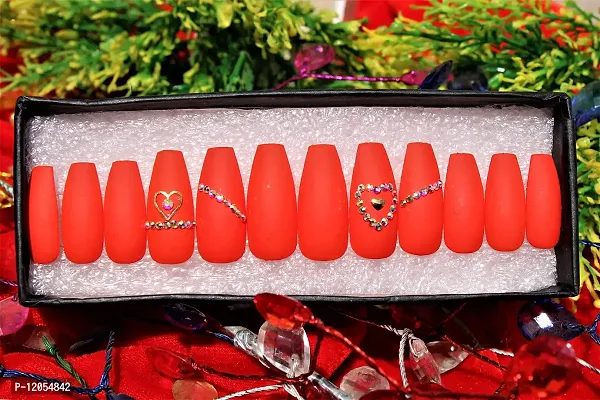 BERRYCRAVE Press On ?Orange-A Colour? Artificial COFFIN NAILS False Nail Extensions Luxury Rhinestones with adhesive stickers and Nail File (Pack of 12 Nails) - By Designer Antara-thumb2