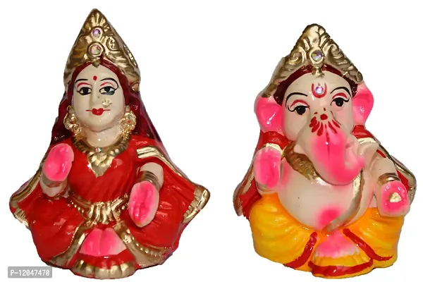 BERRYCRAVE Small Laxmi Ganesh Murti for Diwali Puja Lakshmi Ganapati Murti for Home Office Diwali Puja Religious God | Handmade Terracotta Clay Statue | Pooja Idol Pair