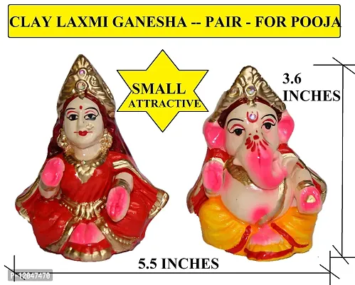 BERRYCRAVE Small Laxmi Ganesh Murti for Diwali Puja Lakshmi Ganapati Murti for Home Office Diwali Puja Religious God | Handmade Terracotta Clay Statue | Pooja Idol Pair-thumb3