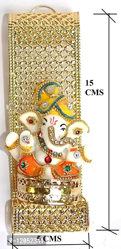 BERRYCRAVE Small Ganesha Ganpati Ganeshji Poly Resin Idol Murti Statue Seated in a Golden Metal Decorative 6.5 Inch Jaali Work Wall Hanger (SHRINGAR Ganesha)-thumb3