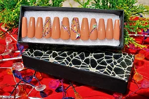 BERRYCRAVE Artificial Designer False Nail Extensions Press On set of 12 CORAL ORANGE BALLERINA Luxury Rhinestones stud with Adhesive Stickers and Nail File for Women and Girls-thumb3