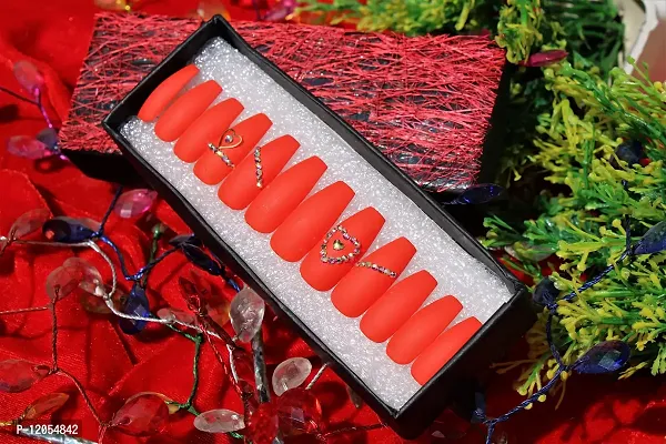 BERRYCRAVE Press On ?Orange-A Colour? Artificial COFFIN NAILS False Nail Extensions Luxury Rhinestones with adhesive stickers and Nail File (Pack of 12 Nails) - By Designer Antara-thumb5